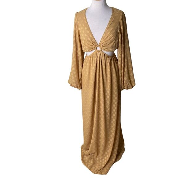 SHOW ME YOUR MUMU Go Out Cut Out Maxi Dress Gold Dot Long Sleeves Boho Medium - Picture 3 of 14